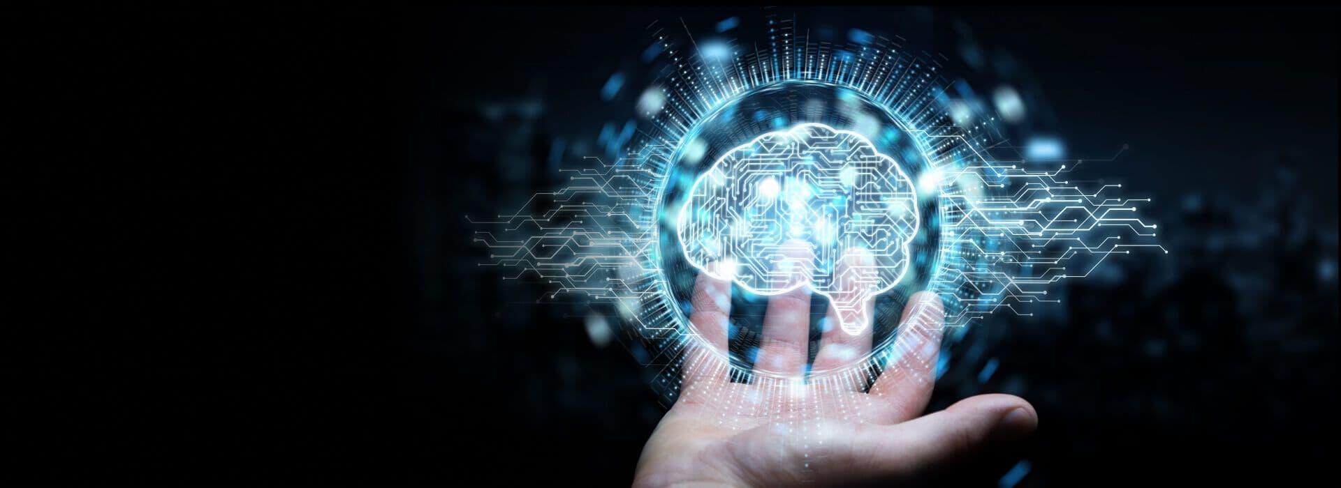 Cérebro holograma em cima de uma mão
